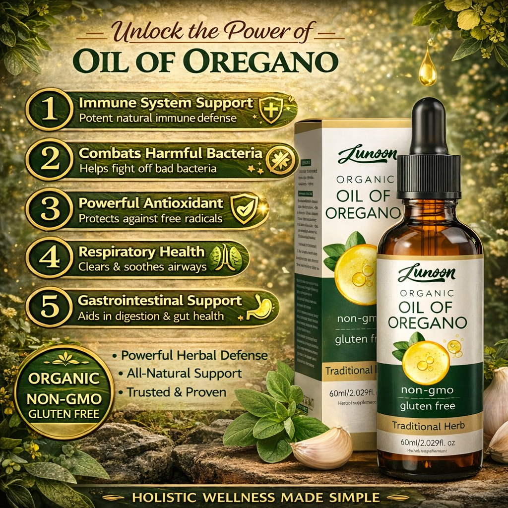 Lunsom Organic Oil of Oregano with benefits listed on a natural background