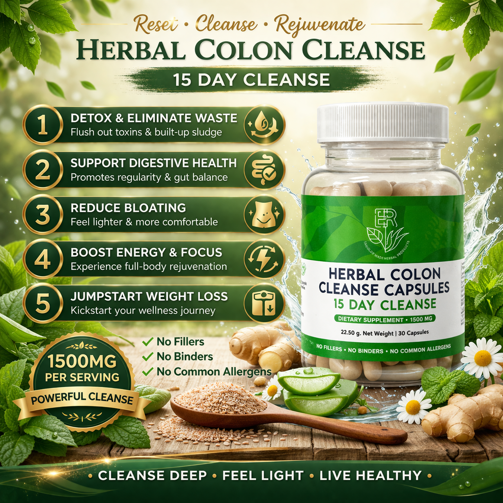 Herbal Colon Cleanse supplement packaging with benefits listed on a natural background
