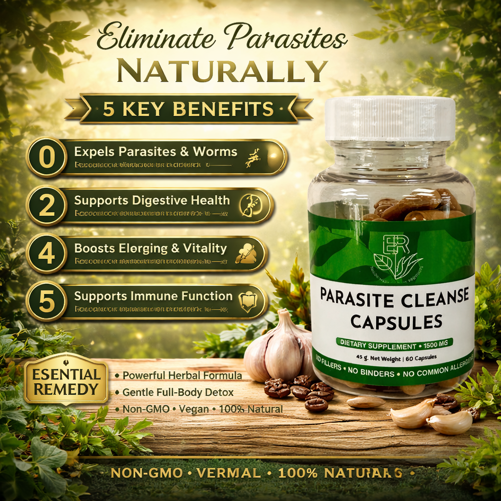 Parasite cleanse capsules with natural ingredients and health benefits on a green background
