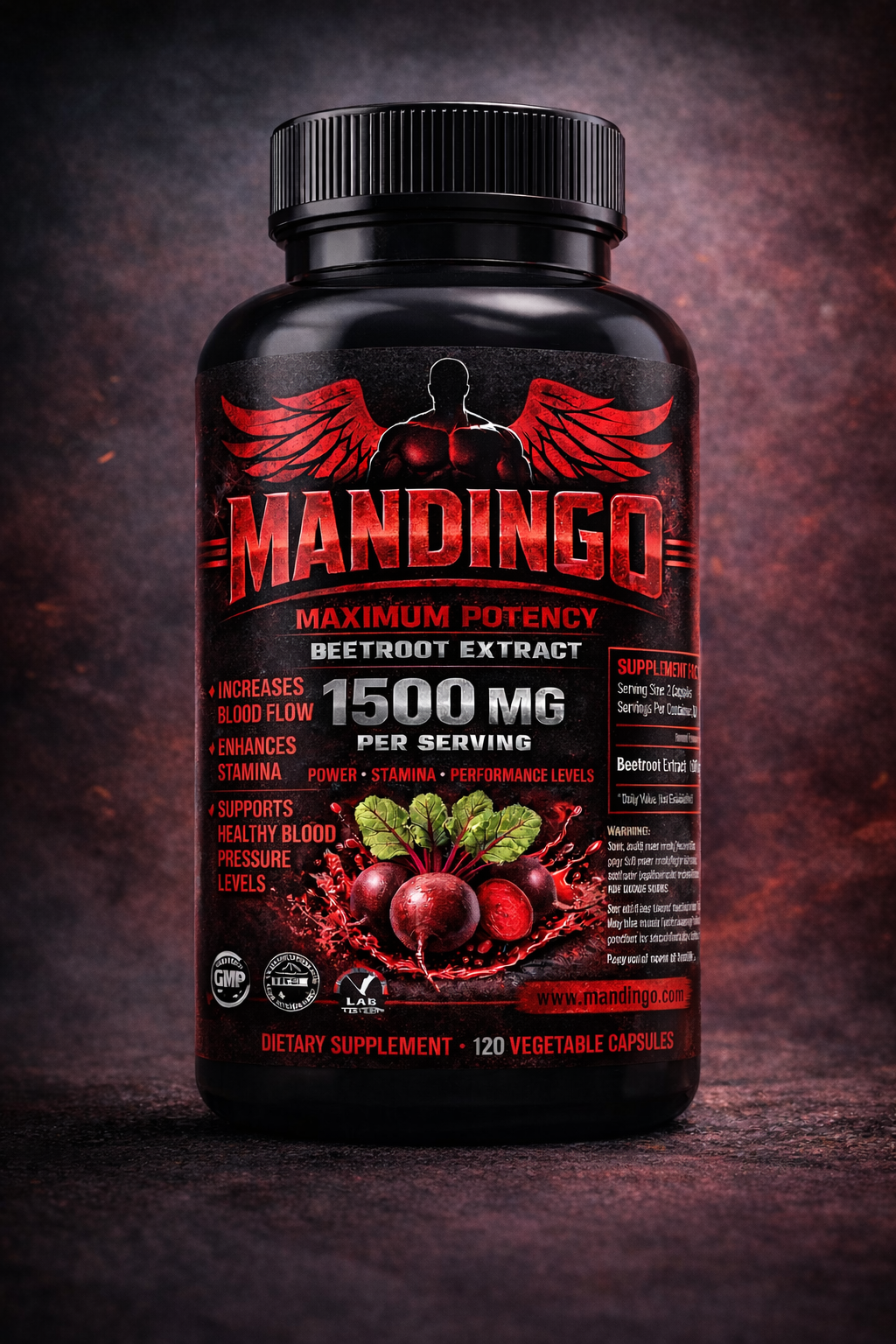 A black bottle of MANDINGO Maximum Potency Beetroot Extract dietary supplement, featuring a bold red and black label with beetroot graphics, set against a dark, textured background.