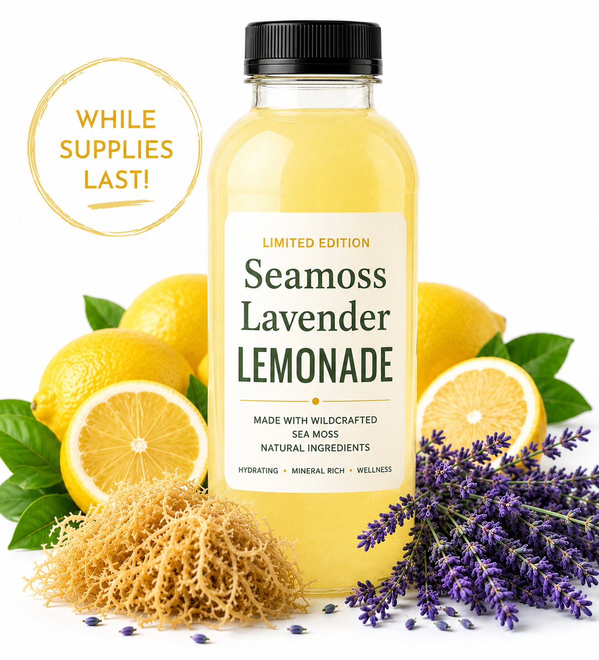 Seamoss Lavender Lemonade bottle with lemons, lavender, and sea moss on a white background
