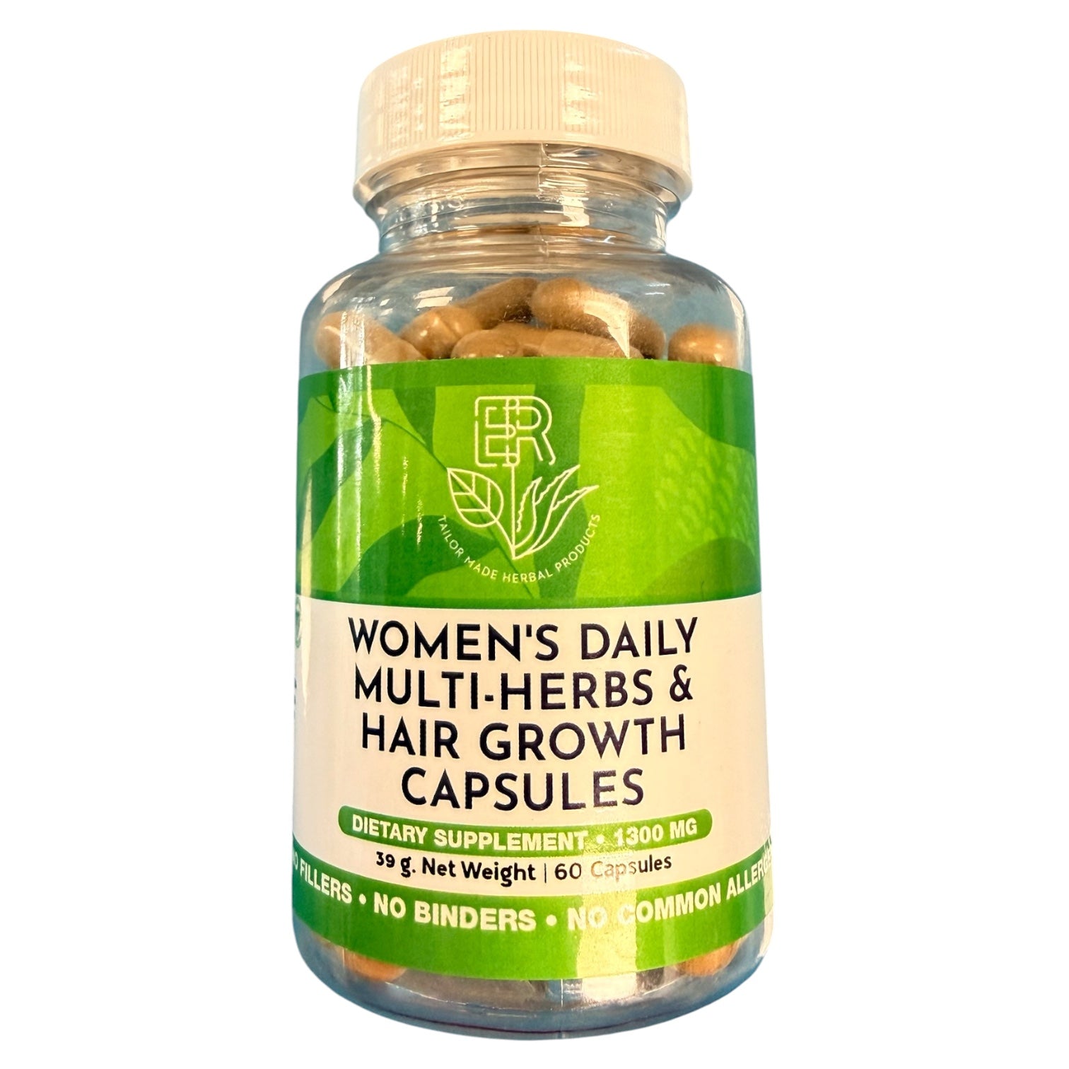 Bottle of women's daily multi-herbs and hair growth capsules on a white background