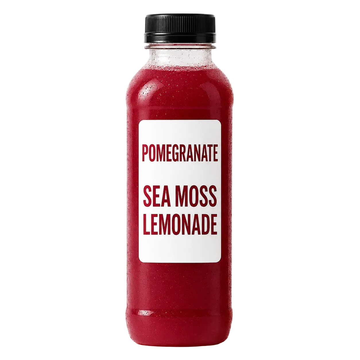 Bottle of pomegranate sea moss lemonade on a white background