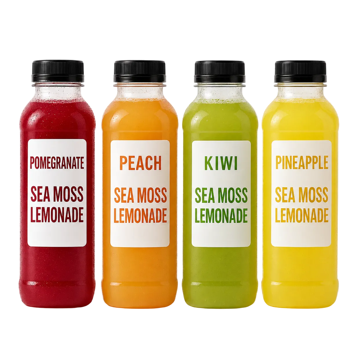 Four bottles of Sea Moss Lemonade with different flavors on a white background