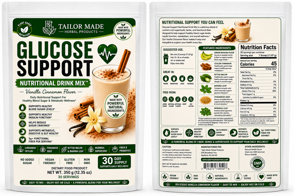 Front and back packaging of a Tailor Made Herbal Products Glucose Support Nutritional Drink Mix in Vanilla Cinnamon Flavor, showing the front label with product benefits and the back label with ingredients and nutrition facts.