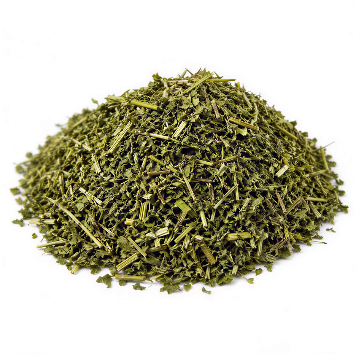 A small mound of dried green leafy herb or tea blend on a plain white background.
