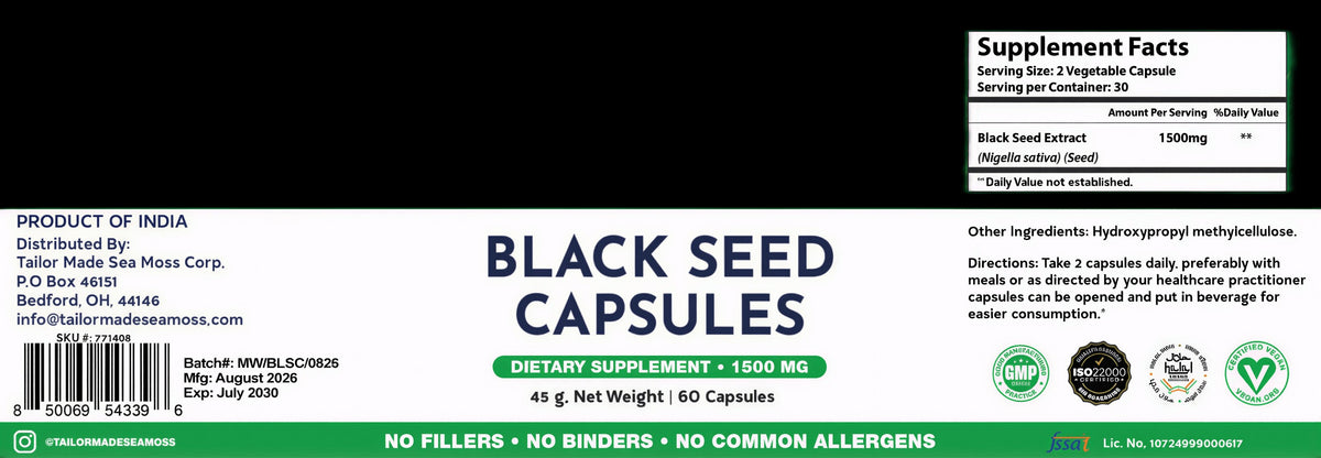 Green and white label for Tailor Made Black Seed Capsules, 1500 mg dietary supplement, 60 capsules, 45 g net weight.