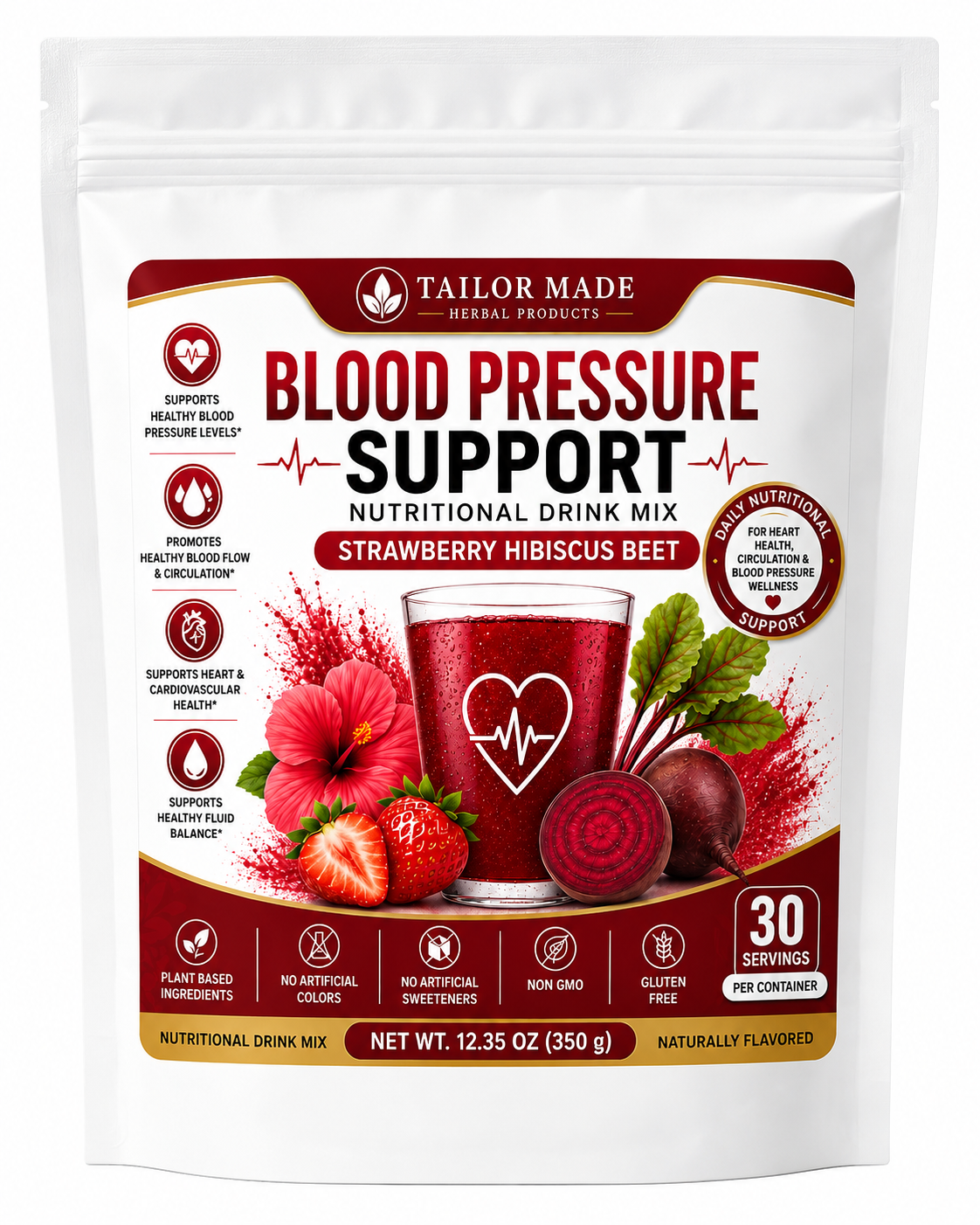 A stand-up pouch of Tailor Made Herbal Products Blood Pressure Support Nutritional Drink Mix in Strawberry Hibiscus Beet flavor. The white packaging features a detailed front label with red and dark brown graphics, showing a glass of red drink, strawberries, hibiscus flowers, and beets.