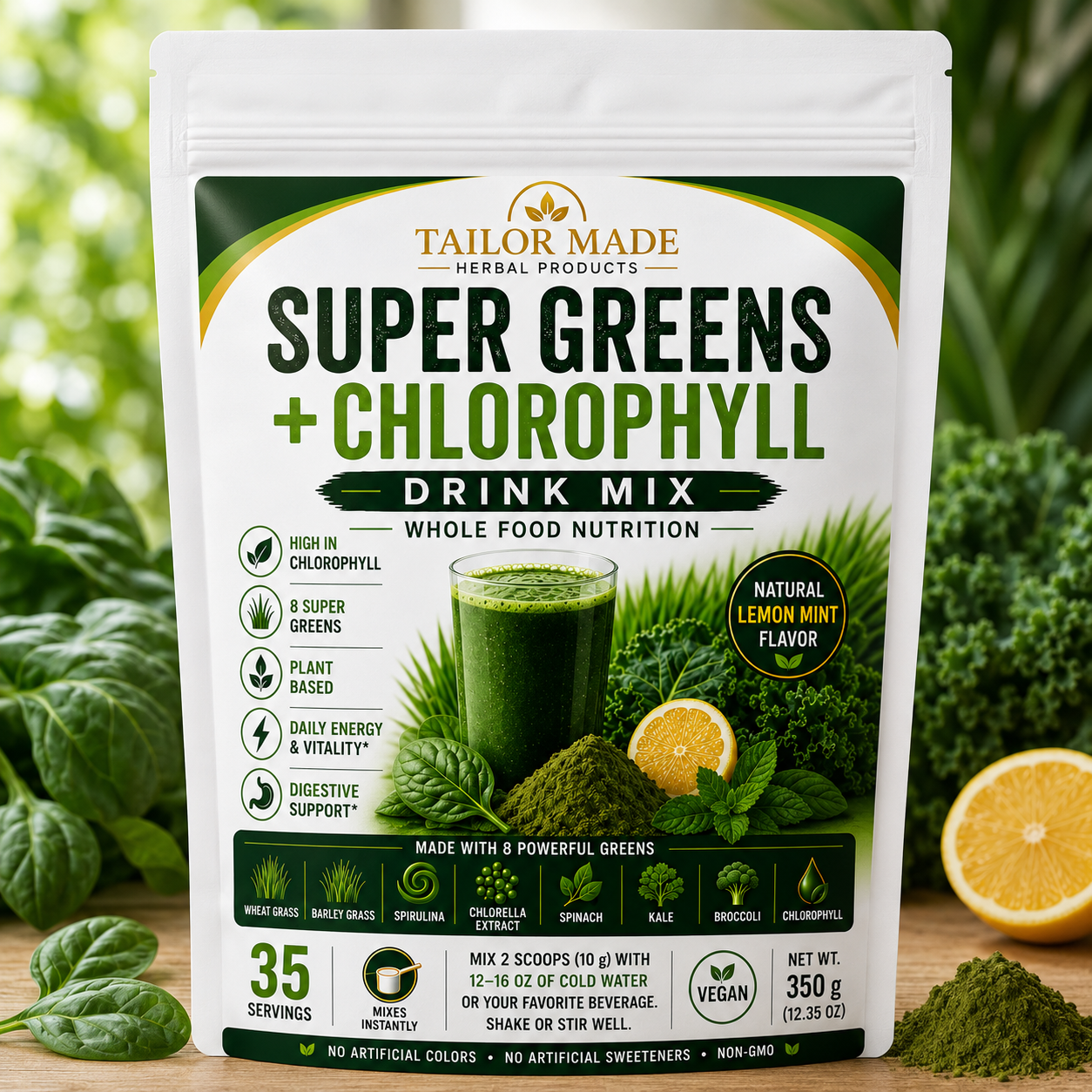 A stand-up pouch of Tailor Made Herbal Products Super Greens + Chlorophyll Drink Mix, shown in front of a blurred green garden background with kale, spinach, and lemon slices. The package is white with dark green and black text, and a glass of green drink is pictured on the front.