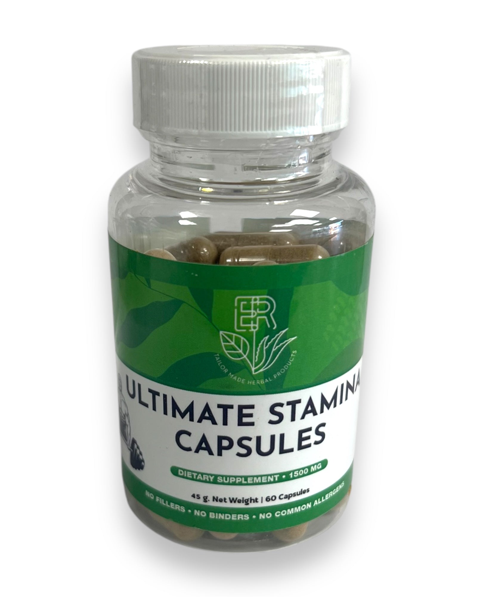 A bottle of Ultimate Stamina capsules with a green label, displaying the product name and mentions of the ingredients Tongkat Ali, Maca Root, Horney Goat Weed & Ashawaghnda.