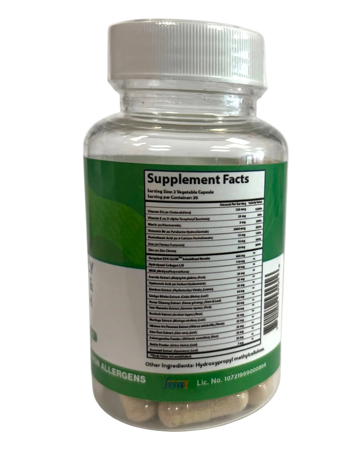 A clear plastic supplement bottle with a white ribbed cap and a green-and-white label showing the Supplement Facts panel. The bottle is photographed on a plain white background.