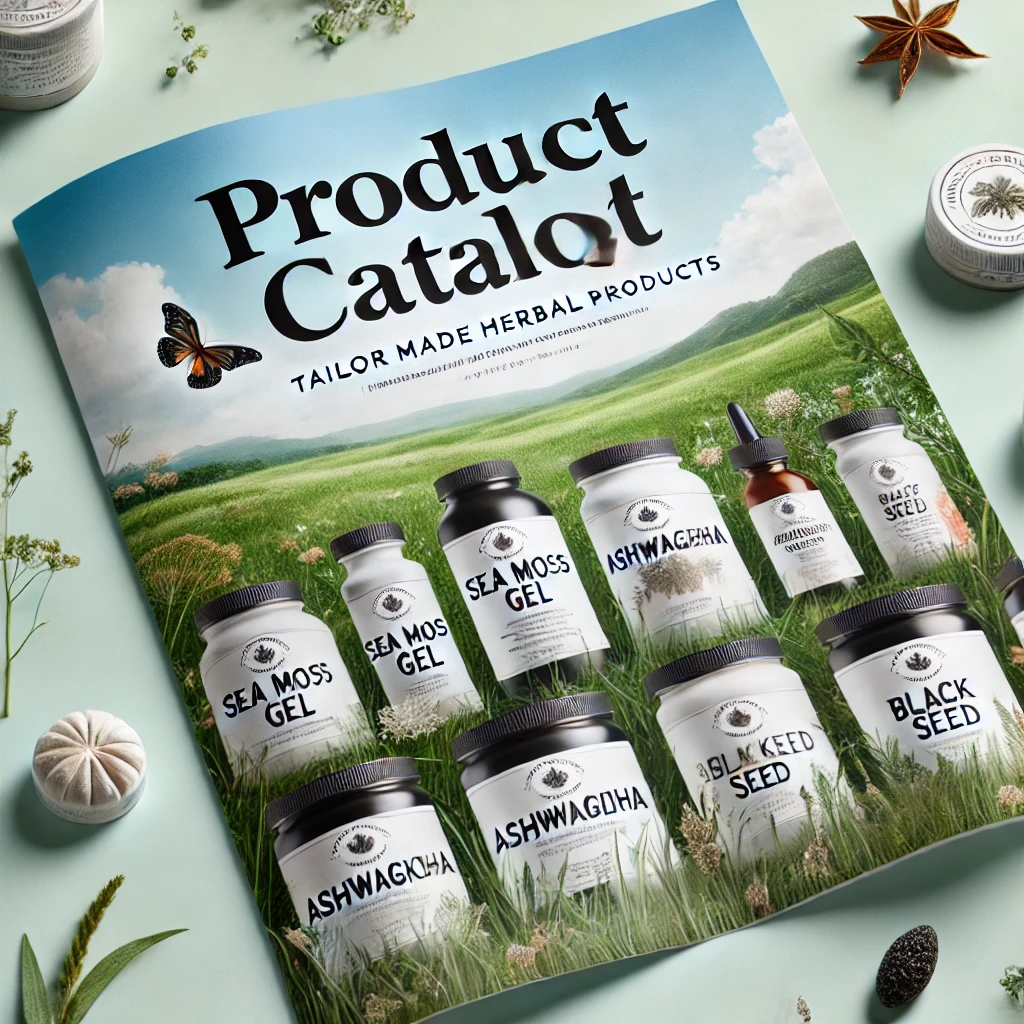 A styled product catalog brochure for herbal products, featuring a landscape photo of green fields and a row of labeled jars including Sea Moss Gel, Ashwagandha, and Black Seed. The brochure is laid on a mint green surface with small botanical props and decorative elements around it.