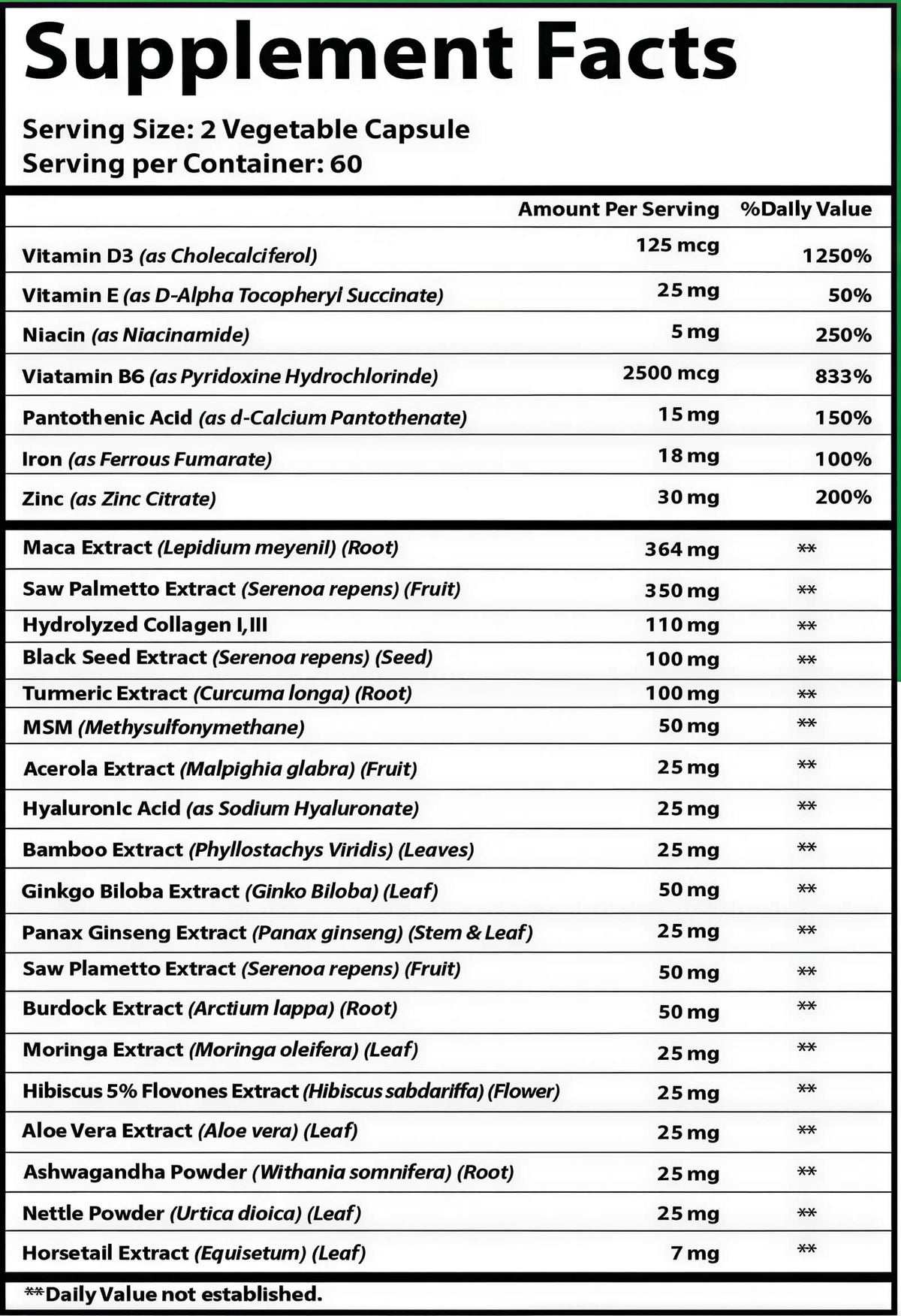 Supplement facts label with detailed nutritional information on a white background