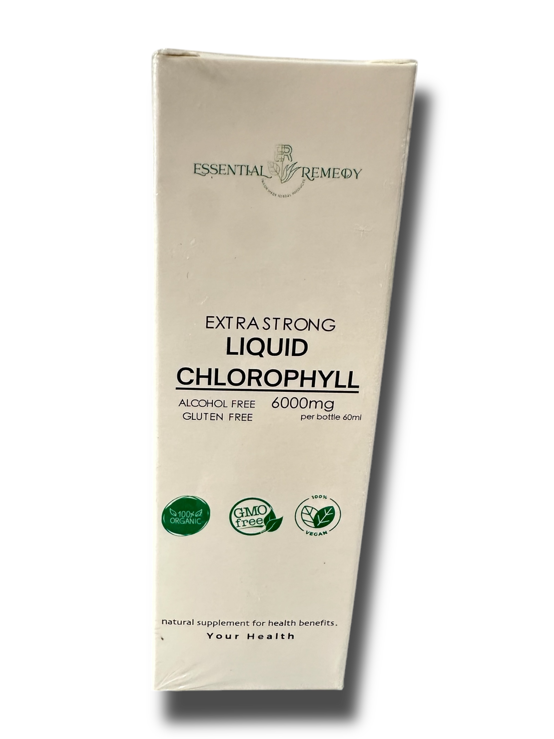 Box of Essential Remedy Extra Strong Liquid Chlorophyll supplement on a white background