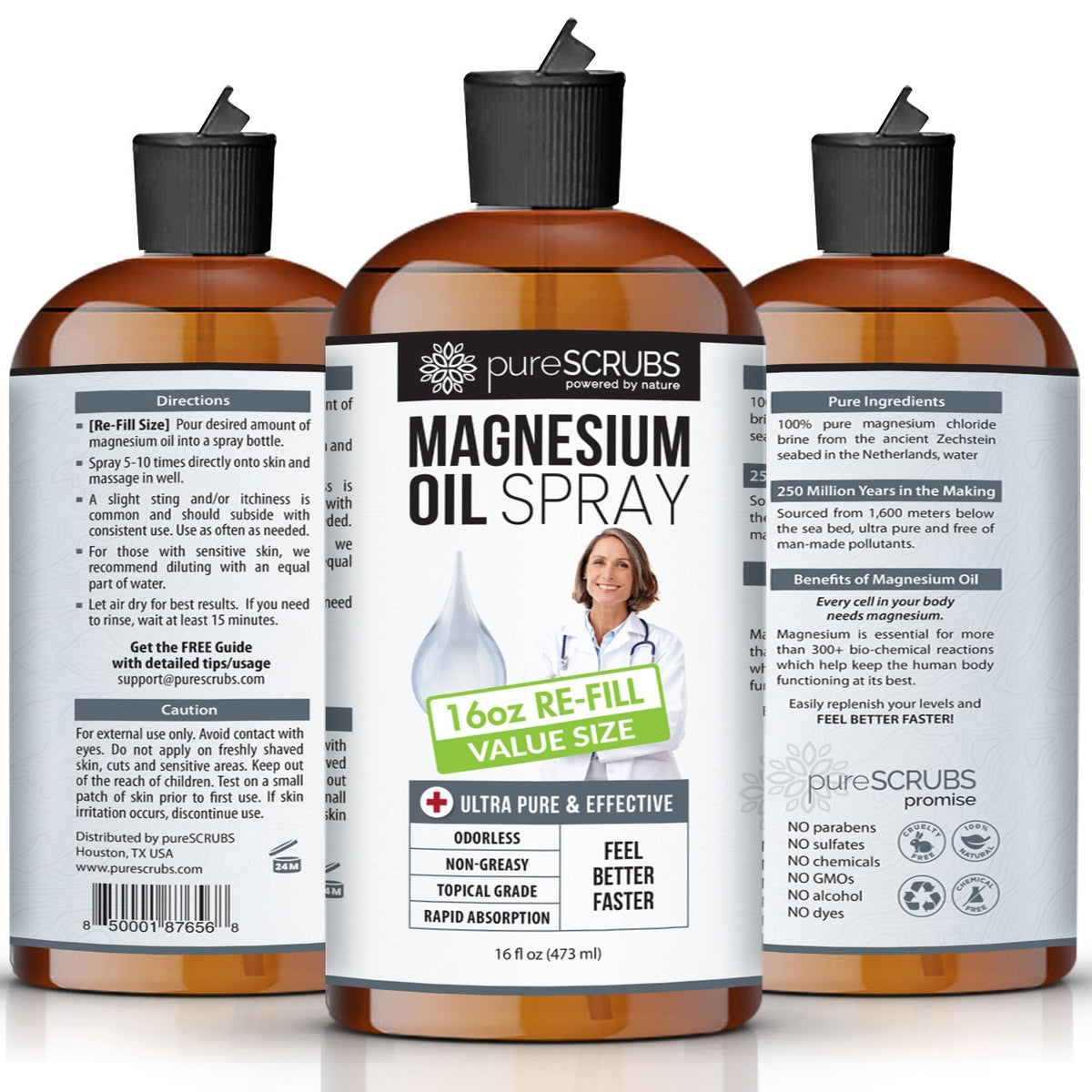 Doctor Recommended Pure Topical Magnesium Oil Spray [16oz RE-FILL], Ultra-Fast Absorption for Better Health, Original Zechstein Brine