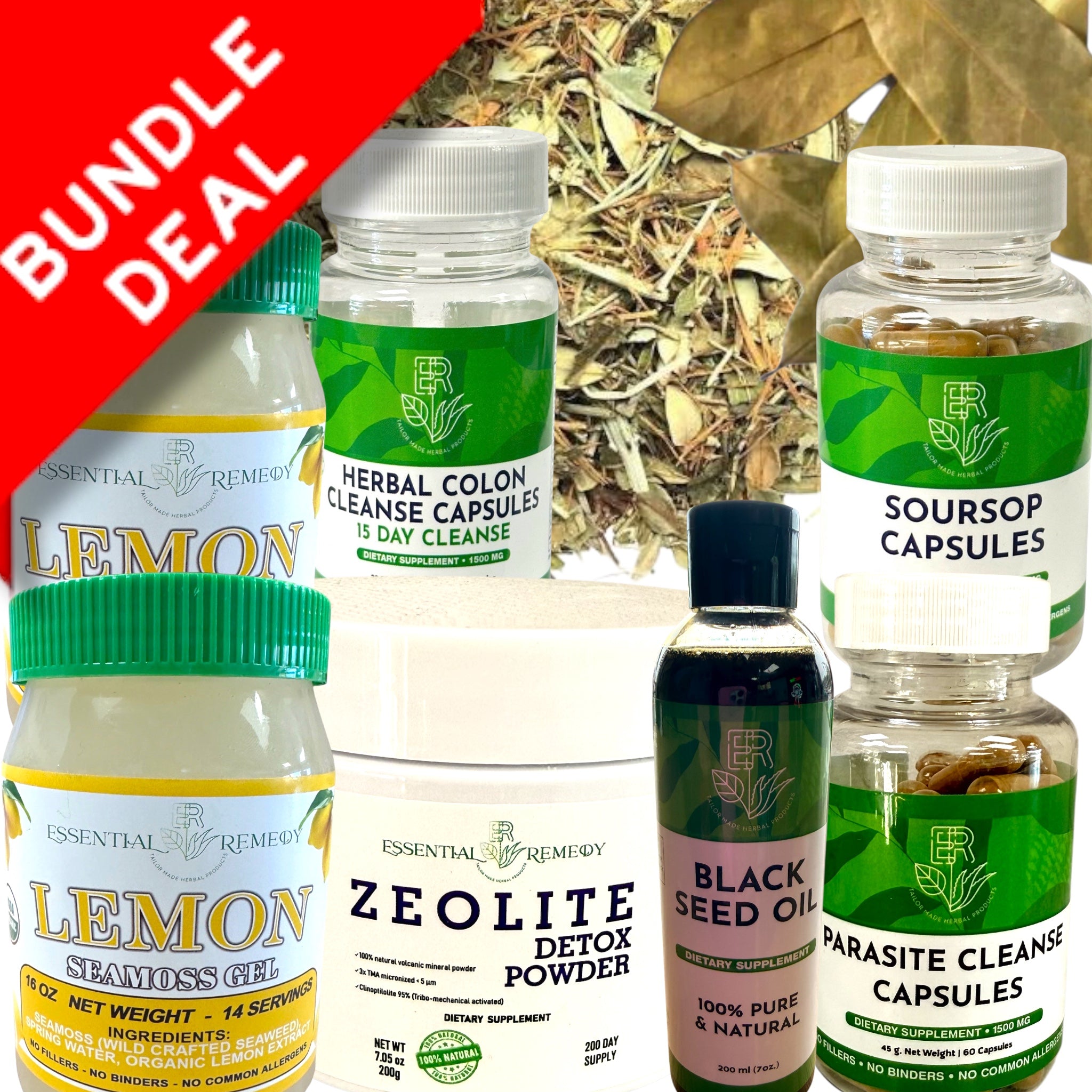 A product bundle from Essential Remedy featuring multiple supplement containers including Lemon Seaweed Gel, Herbal Colon Cleanse Capsules, Soursop Capsules, Zeolite Detox Powder, Black Seed Oil, and Parasite Cleanse Capsules, arranged together with dried herbs in the background and a red 'BUNDLE DEAL' banner in the top left.