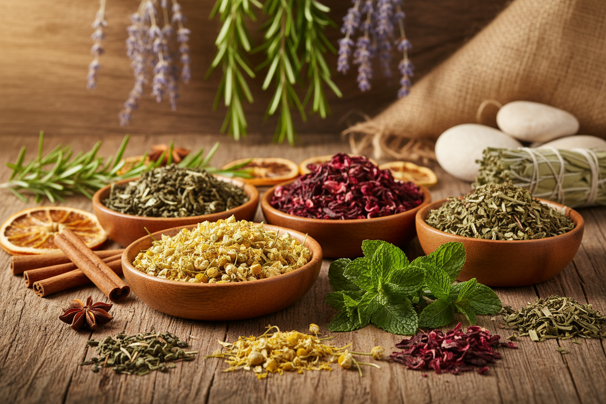 Generate a realistic image with their herbal background showcasing looseleaf teas